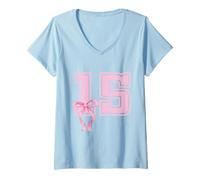 Donna 15° Compleanno Ragazza Coquette Fiocchi Rosa Quindicesimo Anni Maglietta con Collo a V
