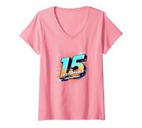 Donna 15 & Unstoppable: Regalo di Compleanno per Adolescenti Maglietta con Collo a V, Rosa, L