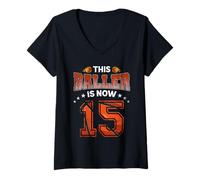 Donna 15th Birthday Boys Basketball Player Gifts 15 Years Old Kids Maglietta con Collo a V