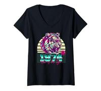 Donna 1974 Anno della Tigre Retro Vaporwave Tramonto Zodiaco Cinese Maglietta con Collo a V