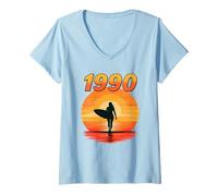 Donna 1990 Retro Surf Ragazza Vintage Tramonto 90s Estetica Maglietta con Collo a V