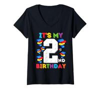 Donna 2 Anno Vecchio Blocchi Costruire Maestro Builder 2 ° Compleanno Maglietta con Collo a V