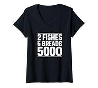 Donna 2 Pesci 5 Pane 5000 - Fede Cristiana Maglietta con Collo a V