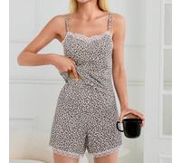 Donna 2 pezzi set pigiama casual in cotone al 95% con stampa leopardata, dettagli in pizzo a contrasto e pantaloncini corti per il relax a casa Petite XS,Petite S,Petite M,Petite LMotivo strutturatoTe