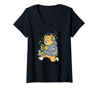 Donna 20 Retro Orso Cuffie Cute Gamer Teddy Game Maglietta con Collo a V