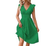 Donna 2025 Trendy Occhielli Pizzo Maniche Volant, Scollo a V Fluente Ricamato Impero Vita A-Line Abiti, verde, L