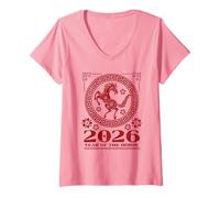 Donna 2026 Lunar New Year Fire Horse Maglietta con Collo a V