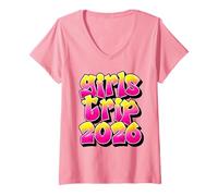 Donna 2026 Ragazze Viaggio Rosa Giallo Graffiti Design Gruppo Vacanza Maglietta con Collo a V