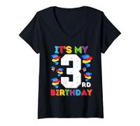 Donna 3 Anno Vecchio Blocchi Costruire Maestro Builder 3 ° Compleanno Maglietta con Collo a V
