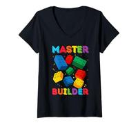 Donna 3 Anno Vecchio Blocchi Costruire Maestro Builder 3 ° Compleanno Maglietta con Collo a V