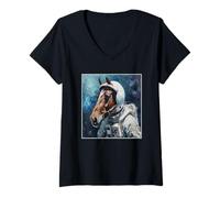Donna 3. Cavallo Frangia Spaziale, Equitazione Razzo Astronauta Spazio Maglietta con Collo a V
