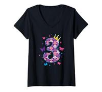 Donna 3° Compleanno I am Three Butterflies Maglietta con Collo a V