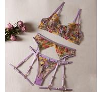 Donna 3 Pezzi Intimo Set Ricamato Floreale Puro Reggiseno Perizoma Reggicalze