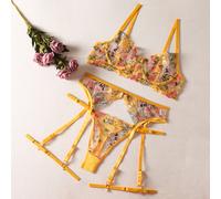 Donna 3 Pezzi Intimo Set Ricamato Floreale Puro Reggiseno Perizoma Reggicalze