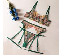 Donna 3 Pezzi Intimo Set Ricamato Floreale Puro Reggiseno Perizoma Reggicalze