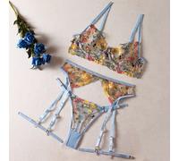 Donna 3 Pezzi Intimo Set Ricamato Floreale Puro Reggiseno Perizoma Reggicalze