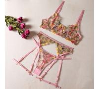 Donna 3 Pezzi Intimo Set Ricamato Floreale Puro Reggiseno Perizoma Reggicalze