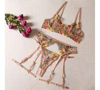 Donna 3 Pezzi Intimo Set Ricamato Floreale Puro Reggiseno Perizoma Reggicalze