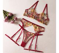 Donna 3 Pezzi Intimo Set Ricamato Floreale Puro Reggiseno Perizoma Reggicalze