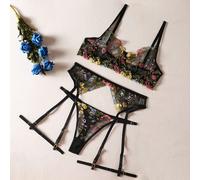 Donna 3 Pezzi Intimo Set Ricamato Floreale Puro Reggiseno Perizoma Reggicalze