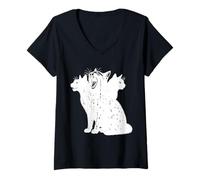 Donna 3 Teste Gatto Vintage Grunge Alt 90s Halloween Goth Horror Maglietta con Collo a V