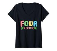 Donna 4 anni Quattro Saurus Kids Dinosaur 4th Birthday Family Maglietta con Collo a V