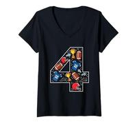 Donna 4 ° Compleanno Football Americano 4 Anni Ragazze Ragazzi Maglietta con Collo a V