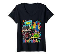 Donna 4° Compleanno Ragazzo Ninja Blocks Master Builder Kids Maglietta con Collo a V