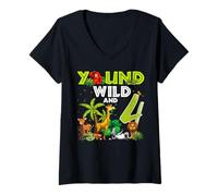 Donna 4 ° compleanno Young Wild e io sono 4 Safari Jungle Animal Maglietta con Collo a V