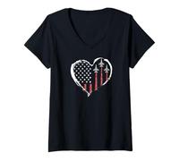 Donna 4 luglio American Patriotic Fighter Jets USA Flag Heart Maglietta con Collo a V