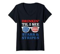 Donna 4 luglio Drinkin Tell I see Stars Occhiali da sole vintage USA Maglietta con Collo a V