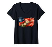 Donna 4 luglio Semiquincentenario Floreale Bandiera Americana Papavero Maglietta con Collo a V