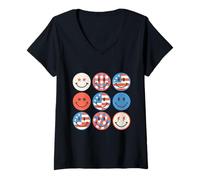 Donna 4 luglio Smile Faces Retro Groovy USA Flag American Kids Maglietta con Collo a V