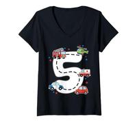 Donna 5 Anni Compleanno Kid Ambulanza Fire Truck Polizia Auto Maglietta con Collo a V