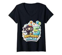Donna 5 Anni di Compleanno Ninja Boys Five 5th Fifth Kids Party Fun Maglietta con Collo a V