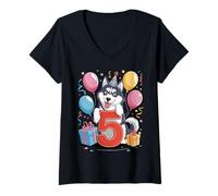Donna 5 ° compleanno ragazzo ragazza 5 anni cinque Siberian Husky Maglietta con Collo a V