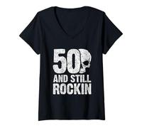 Donna 50 And Still Rockin | Rock'N'Roll Design per Il 50° Compleanno Maglietta con Collo a V