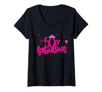 Donna 50-FIFTY & Fabulous Corona rosa per 50° compleanno Maglietta con Collo a V