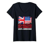 Donna 50% Half British Half American 100% Awesome UK Flag Maglietta con Collo a V