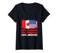 Donna 50% Half Canadian Half American 100% Awesome Canada Flag Maglietta con Collo a V
