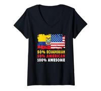 Donna 50% Half Ecuadorian Half American 100% Awesome Ecuador Flag Maglietta con Collo a V