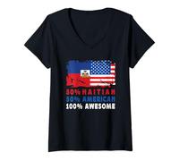 Donna 50% Half Haitian Half American 100% Awesome Haiti Flag Maglietta con Collo a V