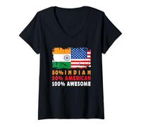 Donna 50% Half Indian Half American 100% Awesome India Flag Maglietta con Collo a V