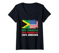 Donna 50% Half Jamaican Half American 100% Awesome Jamaica Flag Maglietta con Collo a V