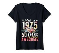 Donna 50th Birthday Floral Made in 1975 Gifts 50 Years Old Women Maglietta con Collo a V