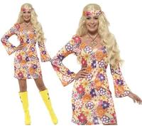 Donna 60s 1960s Fiore Hippy Costume & Medaglione Da Smiffys