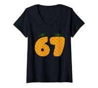 Donna 67 Ananas Numero Tropical Summer Fruit Graphic Design Maglietta con Collo a V