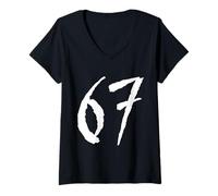 Donna 67 Design Grafico con Numeri angosciati in Stile Horror Maglietta con Collo a V