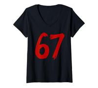 Donna 67 Horror Scratch Numero Rosso Spettrale Design Stile Minimale Maglietta con Collo a V