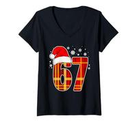 Donna 67 Meme Funny Christmas Red And Orange Plaid Xmas Pajamas Maglietta con Collo a V